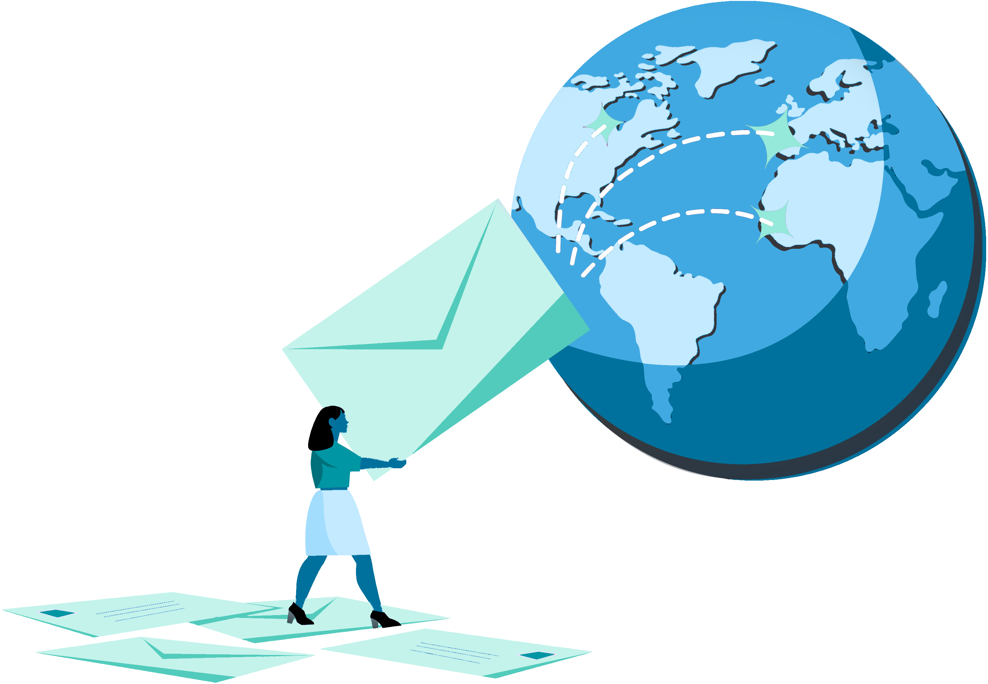 Image of paper letters being sent to several parts of the globe.